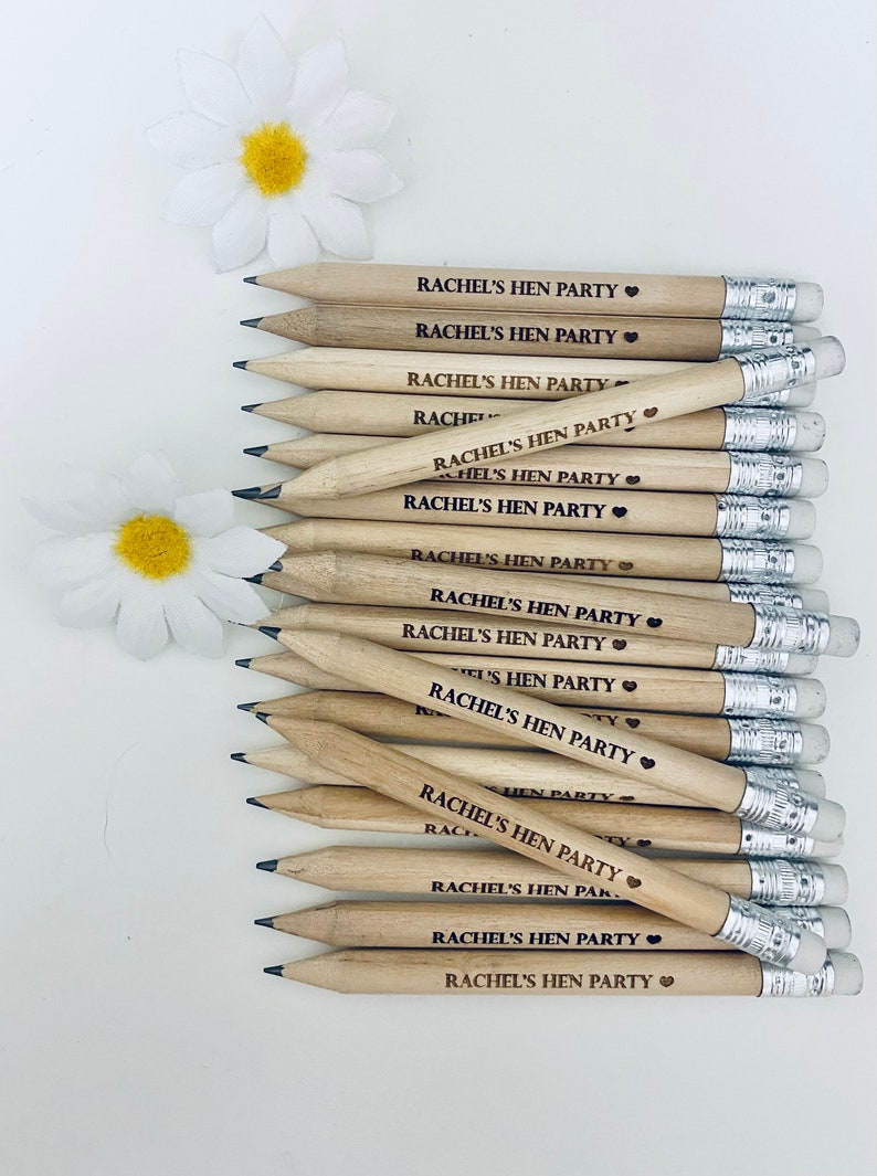 Personalised Hen Party Wooden Pencils With White Rubber Laser Engraved. Wedding favours, Hen Party Ideas and gifts image 2