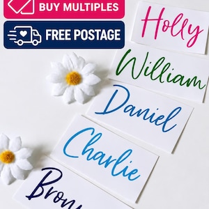 May include: Five rectangular white labels featuring names written in cursive script: Holly in pink, William in green, Daniel in blue, Charlie in light blue, and Bronwen in dark blue. Two white fabric daisy flowers are placed among the labels.