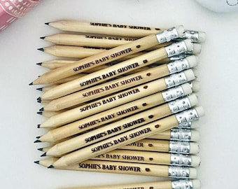 Baby Shower Pencils Personalised  – Custom Gender Reveal Party Favours -Engraved Name & Date - Baby Shower Supplies - Baby Shower Games