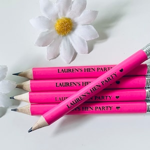 Personalised Neon Pink Hen Party Wooden Pencils With White Rubber -Laser Engraved. 80's Hen Night-Wedding favours, Hen Party Ideas and gifts