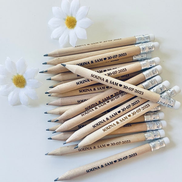 Personalised Wooden Wedding Favour Pencils With White Rubber - Laser Engraved