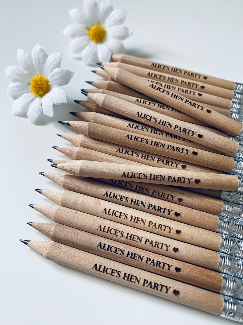 Personalised Hen Party Wooden Pencils With White Rubber Laser Engraved. Wedding favours, Hen Party Ideas and gifts image 7