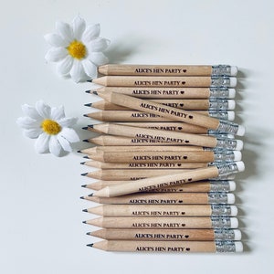 Personalised Hen Party Wooden Pencils With White Rubber Laser Engraved. Wedding favours, Hen Party Ideas and gifts image 1