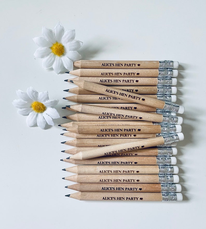 Personalised Hen Party Wooden Pencils With White Rubber Laser Engraved. Wedding favours, Hen Party Ideas and gifts image 1