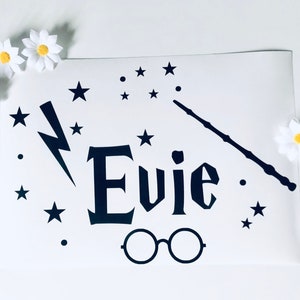 Small Personalised wizard, witch inspired wall door vinyl decal sticker,wizard wand glasses name sticker vinyl decals girls or boys name