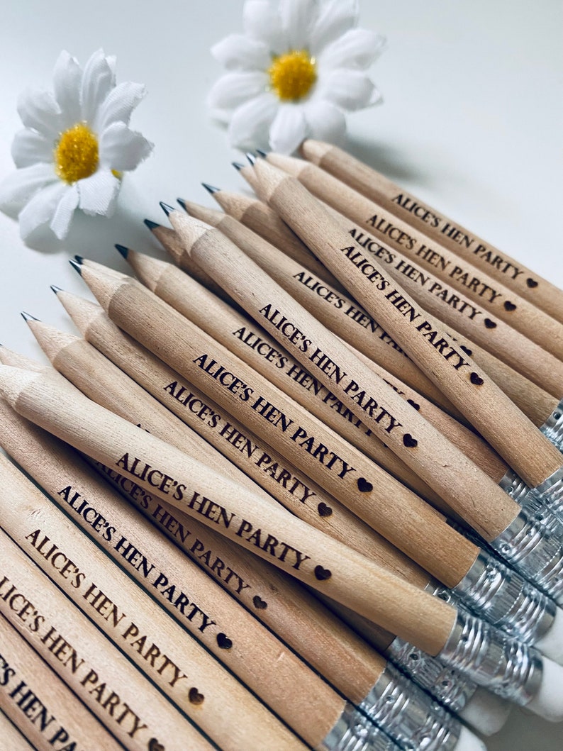 Personalised Hen Party Wooden Pencils With White Rubber Laser Engraved. Wedding favours, Hen Party Ideas and gifts image 4