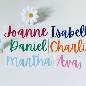 May include: A selection of name decals in different colours and fonts. Names include Joanne, Isabella, Daniel, Charlie, Martha, and Ava. The decals are in red, blue, green, orange, light blue, and pink. Two white daisy decorations are also present.