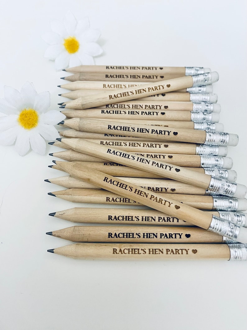 Personalised Hen Party Wooden Pencils With White Rubber Laser Engraved. Wedding favours, Hen Party Ideas and gifts image 6