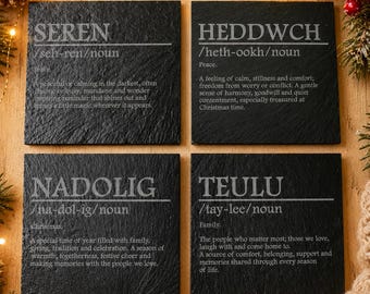 Welsh Christmas Word Slate Coasters – Nadolig Teulu Seren Heddwch – Single or Set of 4 – Welsh Christmas Gift – Cymru Gift