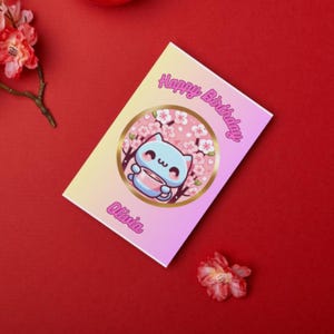 Carte d'anniversaire femme personnalisée, carte chat rose fleurs de cerisier