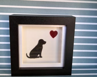 Black Labrador and red felt heart box frame by Sarah Sample Art