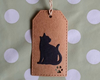 Cat gift tags with black cat and a paw print cut out pack of 5 by Sarah Sample Art