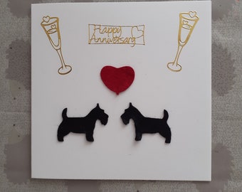 lovely felt Scottie dog anniversary card with with felt heart and gold writing detail by Sarah Sample Art