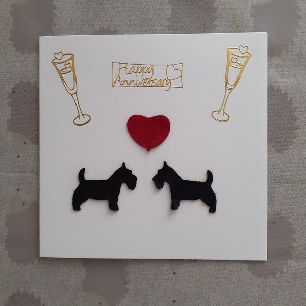 hermosa fieltro Scottie perro tarjeta de aniversario con corazón de fieltro y oro detalle de escritura por Sarah Sample Art