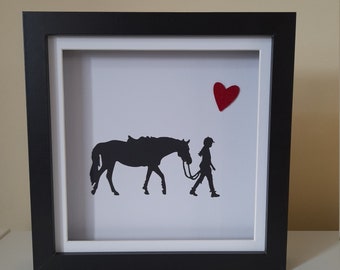 Horse and rider with a felt heart in a black box frame by Sarah Sample Art