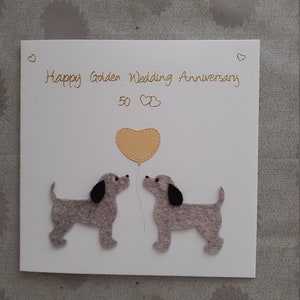 Golden wedding anniversary card with felted dogs with glass eye detail and gold lettering by Sarah Sample Art