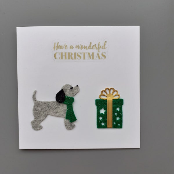 Lovely felt dog with scarf and present Christmas card by Sarah Sample Art