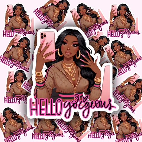 Hello Gorgeous Sticker, Empowerment decor, glam sticker, African American woman, Glam office art, Inclusive design, girl boss, hustler