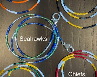 NFL Beaded Mask Lanyard / Chain / Necklace, Large Clasps, Bucks, Buccaneers, Chiefs, Packers, Bills