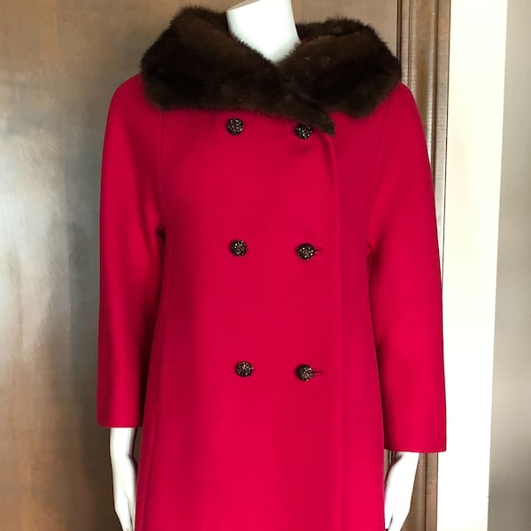 1960s Coat Magenta Wool Coat with Fur Collar and Rhinestone Buttons