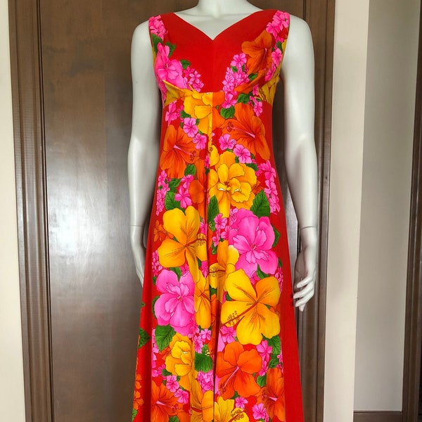 70's Barkcloth Brown Orange Hawaiian Floral Print Dolman Sleeve Long Dress main image 0