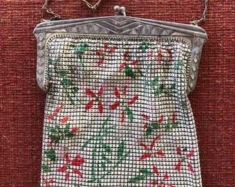 1920s Painted Mesh Chainmail Purse with Floral Design