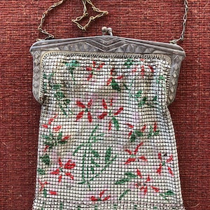 1920er Bemalte Mesh Kettentasche mit Floralem Design
