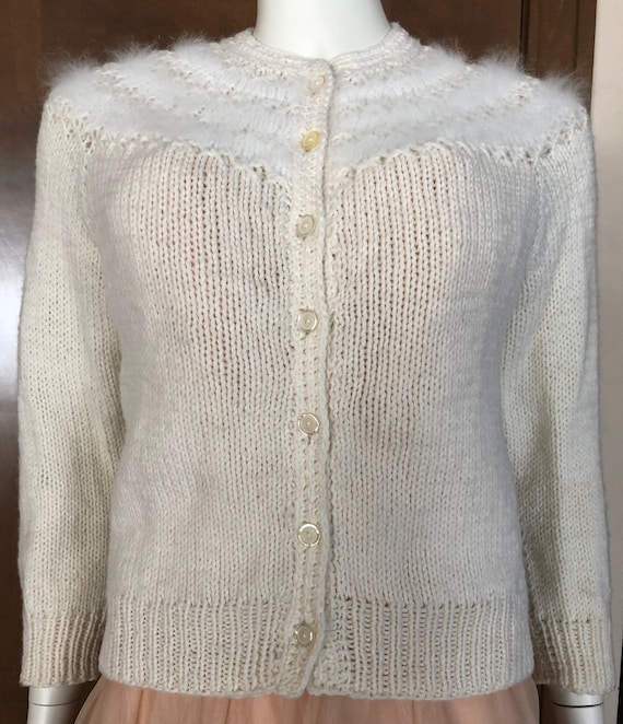 1950s Sweater Hand Knit Wool and Angora Cardigan