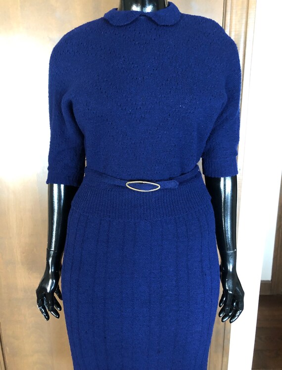 1940s Knit Dress Set Navy Blue Wool Knit Set with
