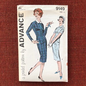 May include: A vintage sewing pattern for a dress, featuring two women in different styles. The pattern is labeled "Advance" and "9149, Size 13".