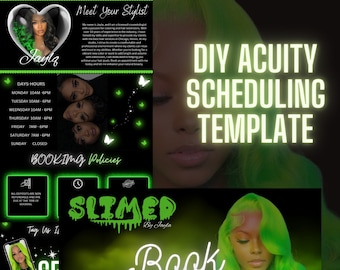 May include: A digital marketing template with a black and neon green color scheme. The template includes the text "DIY Acuity Scheduling Template", business hours, booking policies, and the phrase "Book Now". The image also features a beauty professional.