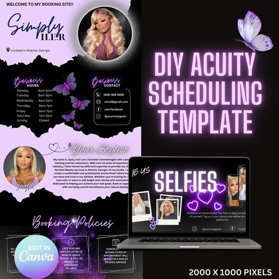 DIY Acuity scheduling template, Acuity scheduling template hair stylist, purple and black, lash tech, acuity template nail tech, glam acuity
