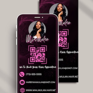Pode incluir: Um modelo personaliz&aacute;vel para a tela de um telefone m&oacute;vel com um esquema de cores rosa e preto. O modelo apresenta um c&oacute;digo QR, um n&uacute;mero de telefone, um endere&ccedil;o de e-mail e um endere&ccedil;o de site. O texto "C&oacute;digo QR digitaliz&aacute;vel para dispositivos m&oacute;veis" est&aacute; na parte superior do modelo. O texto "Modelo personaliz&aacute;vel Canva" est&aacute; na parte inferior do modelo.