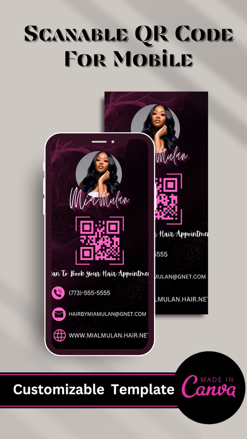 Pode incluir: Um modelo personaliz&aacute;vel para a tela de um telefone m&oacute;vel com um esquema de cores rosa e preto. O modelo apresenta um c&oacute;digo QR, um n&uacute;mero de telefone, um endere&ccedil;o de e-mail e um endere&ccedil;o de site. O texto "C&oacute;digo QR digitaliz&aacute;vel para dispositivos m&oacute;veis" est&aacute; na parte superior do modelo. O texto "Modelo personaliz&aacute;vel Canva" est&aacute; na parte inferior do modelo.