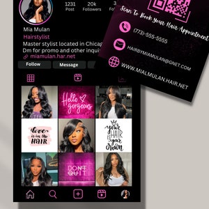 Pode incluir: Um modelo personaliz&aacute;vel para uma publica&ccedil;&atilde;o de m&iacute;dia social para um cabeleireiro. O modelo apresenta um esquema de cores rosa e preto com uma foto de uma mulher com cabelo preto comprido. O modelo inclui um c&oacute;digo QR, informa&ccedil;&otilde;es de contato e um link para o site do cabeleireiro. O texto "Scan To Book Your Hair Appointment" est&aacute; inclu&iacute;do no modelo.