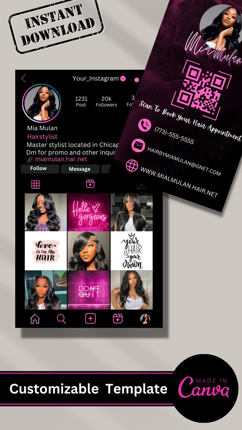 Pode incluir: Um modelo personaliz&aacute;vel para uma publica&ccedil;&atilde;o de m&iacute;dia social para um cabeleireiro. O modelo apresenta um esquema de cores rosa e preto com uma foto de uma mulher com cabelo preto comprido. O modelo inclui um c&oacute;digo QR, informa&ccedil;&otilde;es de contato e um link para o site do cabeleireiro. O texto "Scan To Book Your Hair Appointment" est&aacute; inclu&iacute;do no modelo.