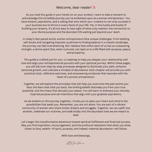 May include: A guide for women entrepreneurs with a pink and white floral design and the text "Welcome, dear reader!" at the top. The guide offers advice on finding balance, overcoming challenges, and connecting with your divine purpose.