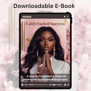 May include: A digital book cover with a pink background and a woman with dark skin and long black hair. The title of the book is "Faith Fueled Success: A Journey To Spiritual & Financial Balance For The Inspired Entrepreneur".