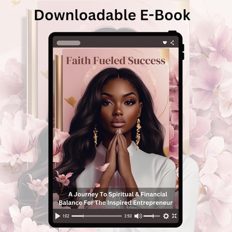 May include: A digital book cover with a pink background and a woman with dark skin and long black hair. The title of the book is "Faith Fueled Success: A Journey To Spiritual & Financial Balance For The Inspired Entrepreneur".
