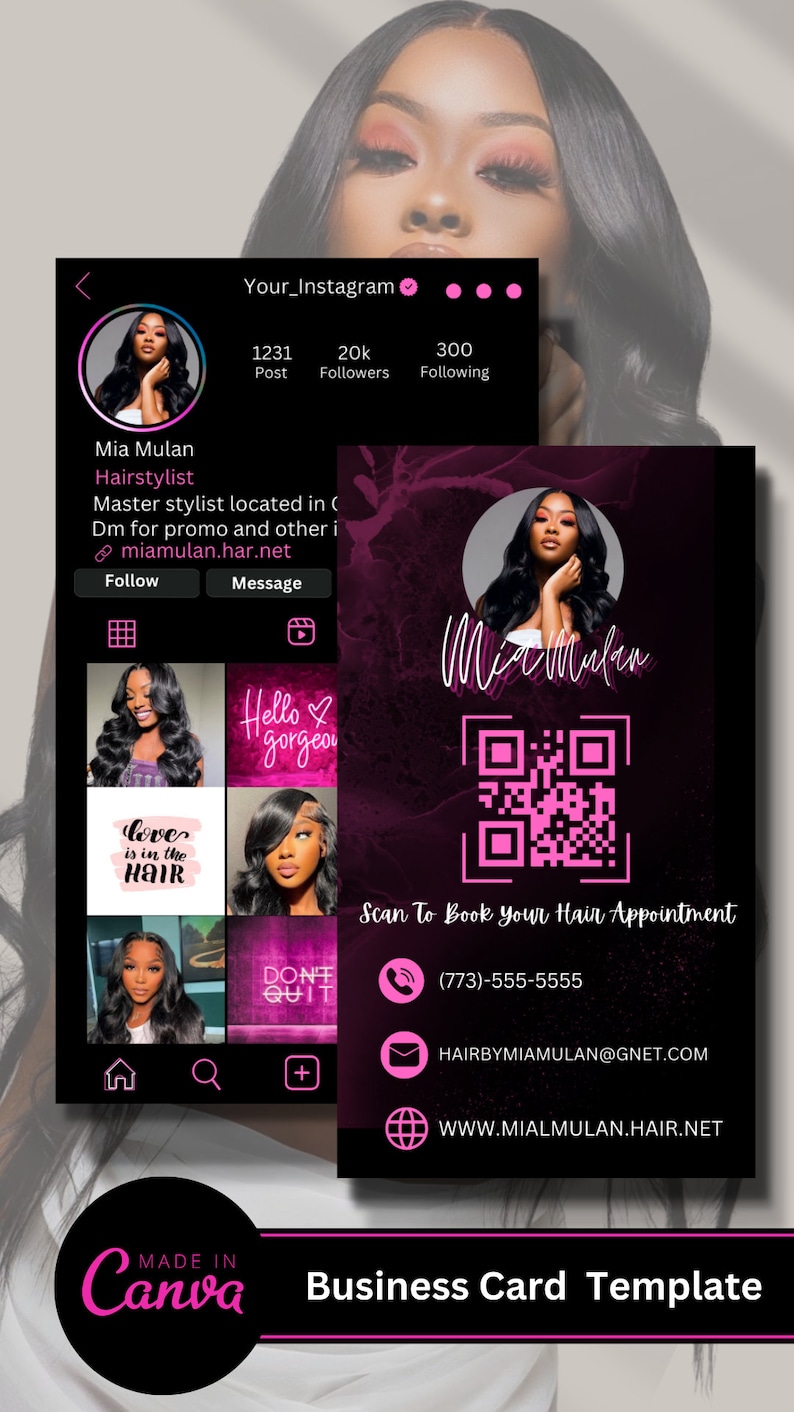 Pode incluir: Um cart&atilde;o de visita rosa e preto com um c&oacute;digo QR, um n&uacute;mero de telefone, um endere&ccedil;o de e-mail e um endere&ccedil;o de site. O cart&atilde;o apresenta uma foto de uma mulher com cabelo preto comprido e o texto "Mia Mulan Hairstylist".