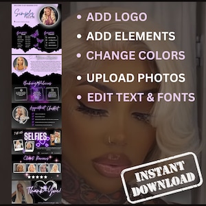 May include: A digital template for a business website or social media page. The template features a black and purple color scheme with butterflies and a heart design. The text on the template includes "Simply Ilex", "You Save", "Booking Policies", "Appointment Checklist", "Selfies", "Client Reviews", "Thank You!" and "Instant Download".