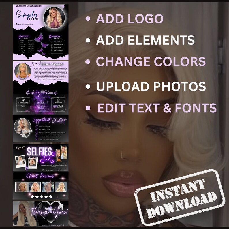 May include: A digital template for a business website or social media page. The template features a black and purple color scheme with butterflies and a heart design. The text on the template includes "Simply Ilex", "You Save", "Booking Policies", "Appointment Checklist", "Selfies", "Client Reviews", "Thank You!" and "Instant Download".