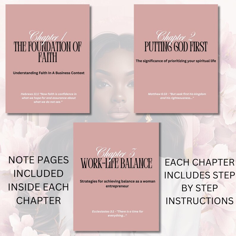 May include: A pink and white digital planner with the text "Chapter 1: The Foundation of Faith" and "Understanding Faith in a Business Context". The planner also includes the text "Chapter 2: Putting God First", "Chapter 3: Work-Life Balance", and "Each Chapter Includes Step by Step Instructions".