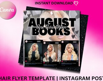 August Booking Flyer, August Books Open, August IG Post, AugustFlyer, Booking Available, Back to school, July flyer, Hair, Nails, Canva