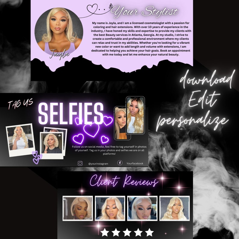 May include: A black and white graphic with the text "TAG US" and "SELFIES" in neon pink letters. The graphic also includes a collage of photos of women with blonde hair extensions. The text "download Edit personalize" is in white letters on a black background.