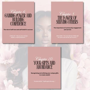 May include: A pink and white image with three chapters from a book. The chapters are titled "Gaining Power and Building Confidence", "The Power of Serving Others", and "Your Gifts and Abundance". Each chapter includes a quote and a description of the chapter's content.
