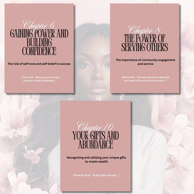 May include: A pink and white image with three chapters from a book. The chapters are titled "Gaining Power and Building Confidence", "The Power of Serving Others", and "Your Gifts and Abundance". Each chapter includes a quote and a description of the chapter's content.
