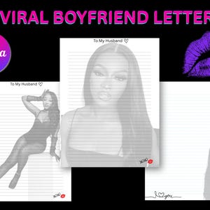 May include: The image shows lined paper with the text "To My Husband" and images of a woman. The words "Viral Boyfriend Letters" are at the top. A purple lip print and a Canva logo are also visible.