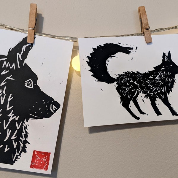 Dog 4" x 6" postcard with handmade woodblock design