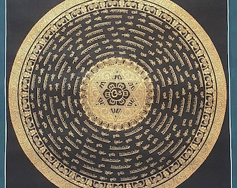Extremt sällsynt hinduiskt mantra Om Namo Narayanaya - Tibetansk konst - Målad Thangka (Thanka) Nepal - Indisk meditationsmålning